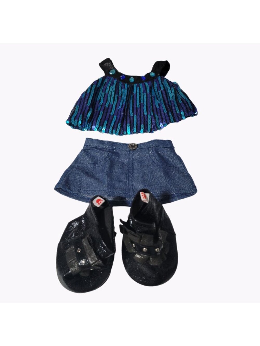 Build a Bear Outfit Denim Skirt Purple Blue Shiny Shirt Black Shoes BAB Clothes